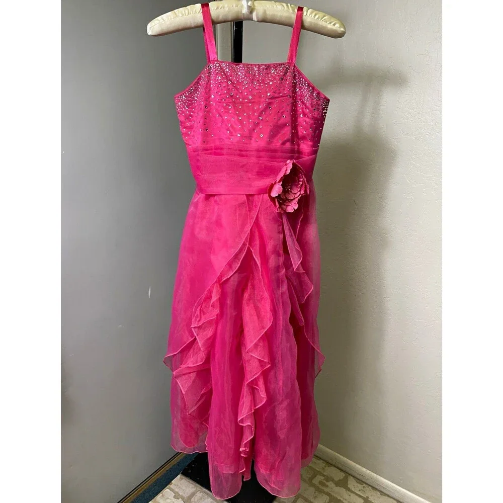 iEFIEL Girls Fuchsia Pink Rhinestone Organza Flower Dress size 10